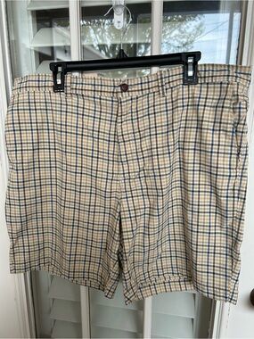 Tommy Bahama Beige and Navy Plaid Flat Front Shorts